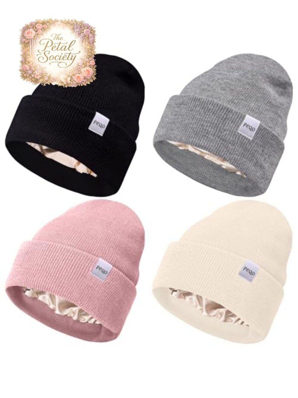 Satin Lined Winter Beanie Hats Soft Silk Lined Knit Beanies 4 Pack